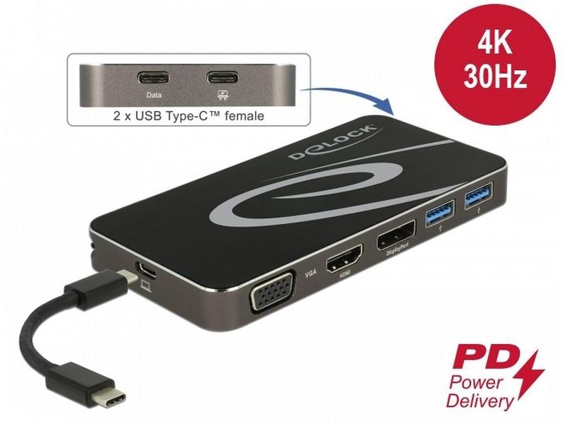 Delock Station d'accueil USB Typ-C – HDMI/DP/VGA/USB-Hub/PD