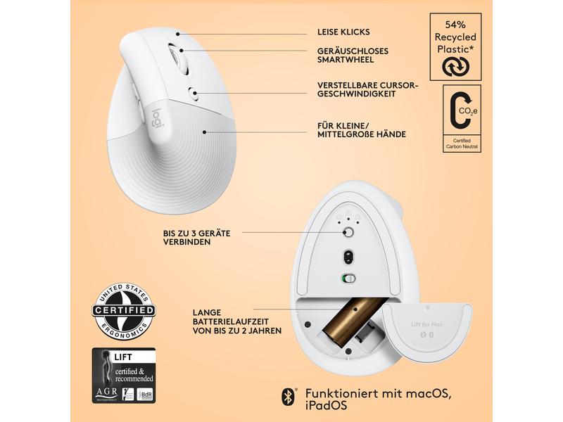 Logitech Ergonomische Maus Lift for Mac off-white