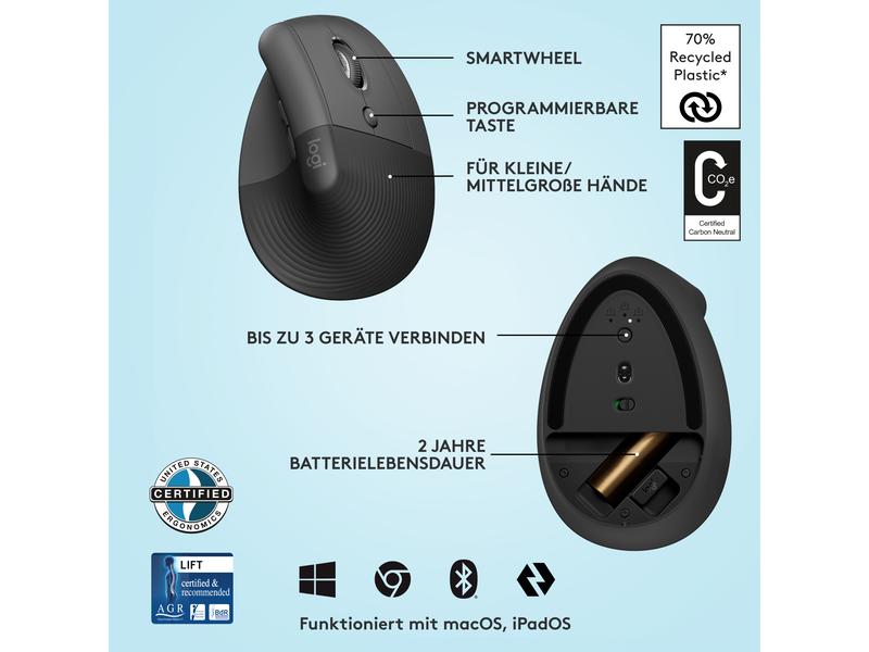 Logitech Souris ergonomique Lift Graphite