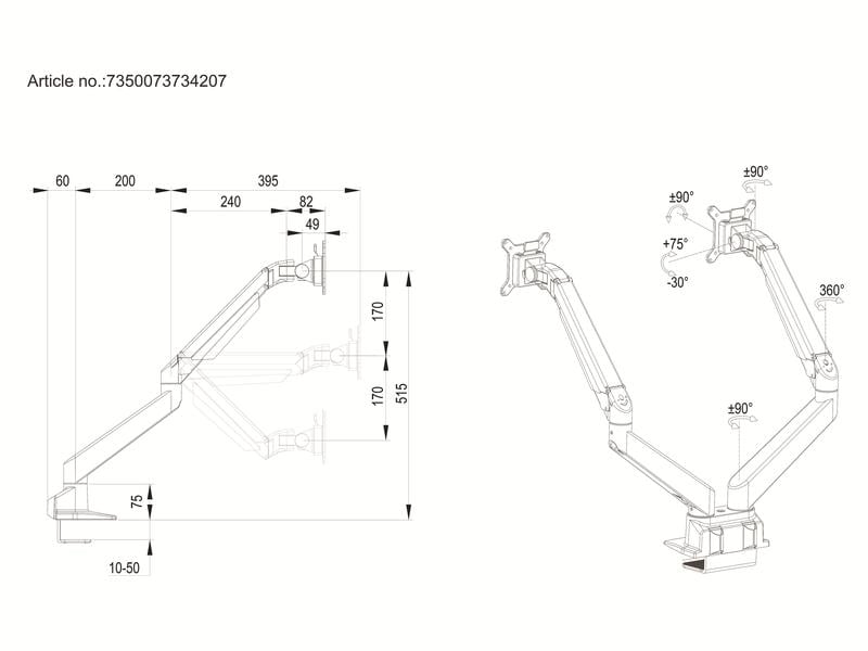 Multibrackets Supports de table Gas Lift Arm Dual SbS HD jusqu'à 21 kg