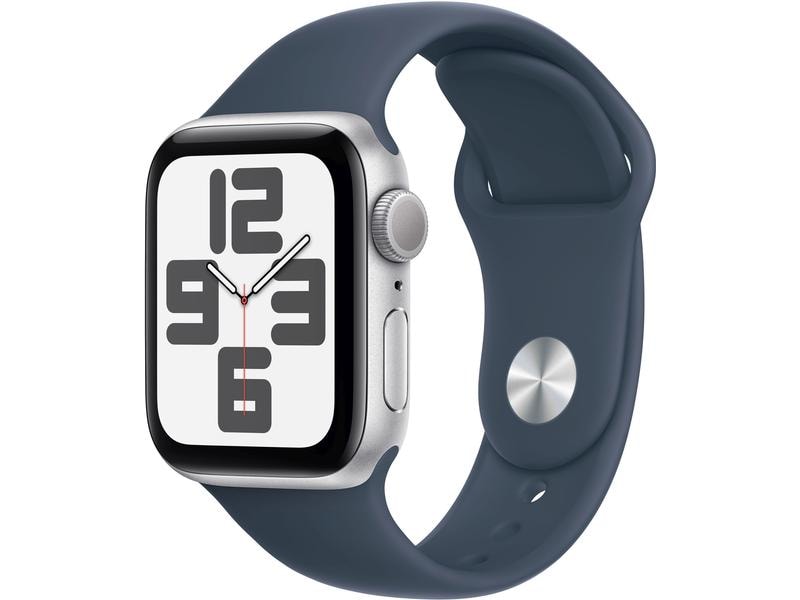 Apple Watch SE 2023 40 mm GPS Aluminium Argent. Bracelet Sport Bleu Tempête M/L