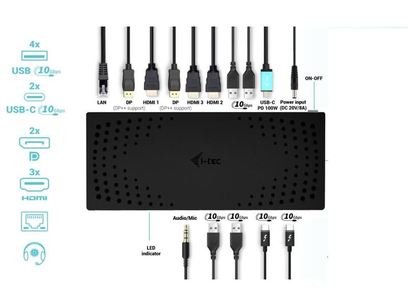 i-tec Station d'accueil USB 3.0, USB-C, HDMI, DP Dual PD 100W