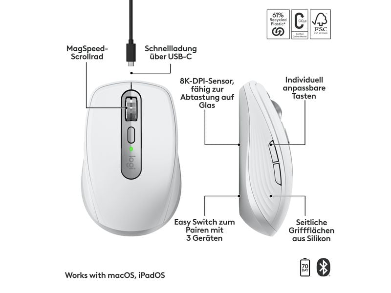 Logitech Mobile Maus MX Anywhere 3s for Mac Pale Grey