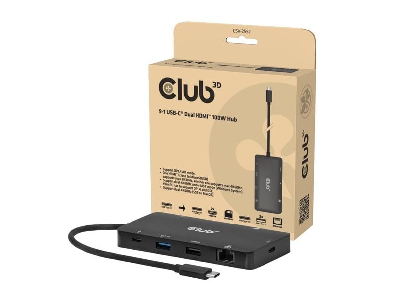 Club 3D Dockingstation CSV-2552 9-1 USB-C Dual HDMI 100W Hub