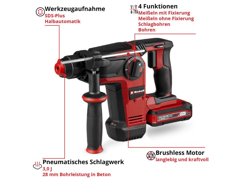 Einhell Schnurloser Bohrhammer TP-HD 18/28 Li BL+4 (1x3.0Ah+)