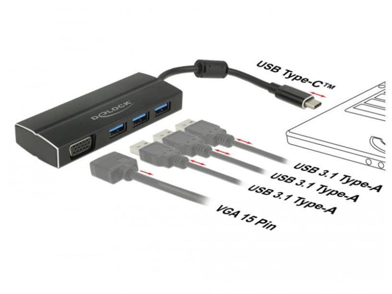 Delock Station d'accueil USB 3.1 Typ-C Gen1 - 3x Typ-A + 1x VGA